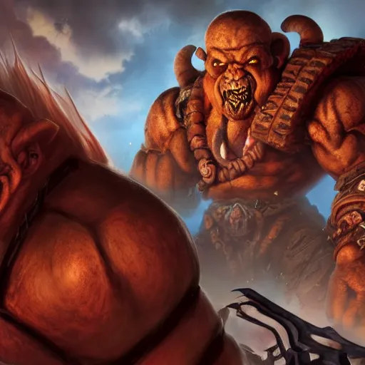 Image similar to Garrosh Hellscream from World of Warcraft sitting on a throne, 4k, hyperrealistic, focused, digital art, extreme details,unreal engine 5, cinematic, masterpiece