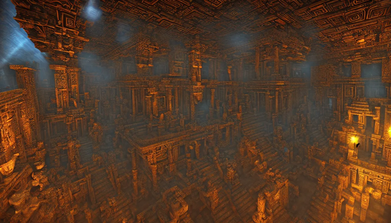 Prompt: majestic expansive ancient mayan temple halls , side-scrolling 2d platformer game level, glittering dust in the air illuminated by the dusk sun through the ceiling cracks, fantasy totem ruins with intricate mayan glyphs, volumetric light , detailed carved ornaments, rich color, upscale , 8k