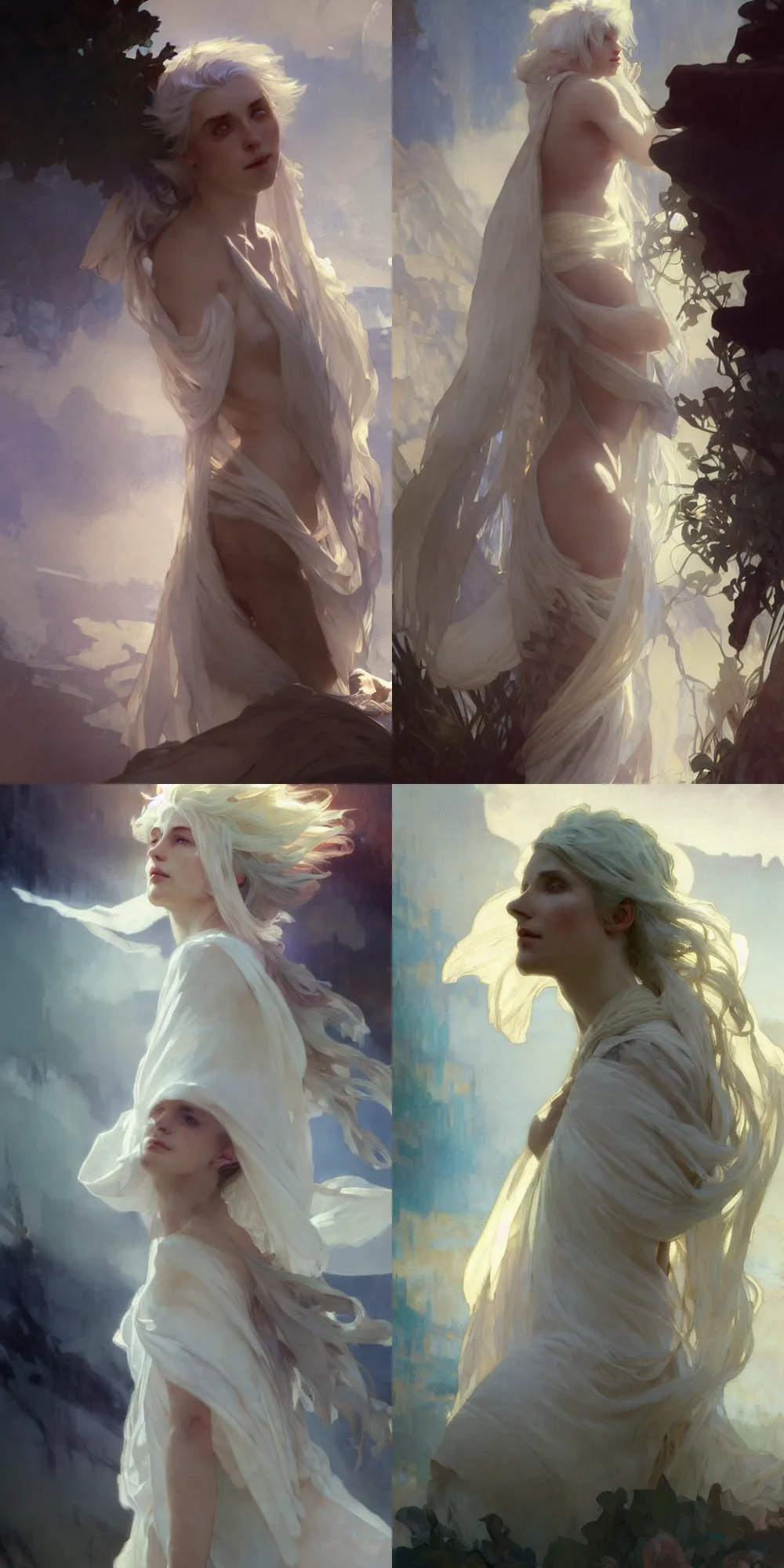 Prompt: a beautiful white haired young lady, with her toga floating about, artwork by jeremy mann and alphonse mucha, photo realistic, dynamic lighting, windy, artstation, poster, dreamy, volumetric lighting, ethereal, 4 k, high detail