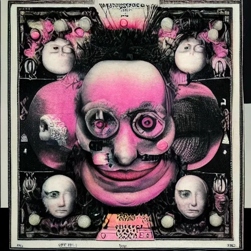 Image similar to post - punk new age album cover, asymmetrical design, frame of a dollar bank notes, capitalism, magic, apocalypse, psychedelic, black white pink, magic, giger h. r., giuseppe arcimboldo