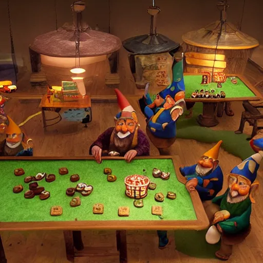 Image similar to You stand inside a bustling gnomish casino. Around the large cave, lit by suspended petchum lanterns, you see various large tables with green felted tops. Each table hosts games of both chance and strategy that the gnomes love. From a counter in the far left corner, Felcher presides over his establishment with pride.
