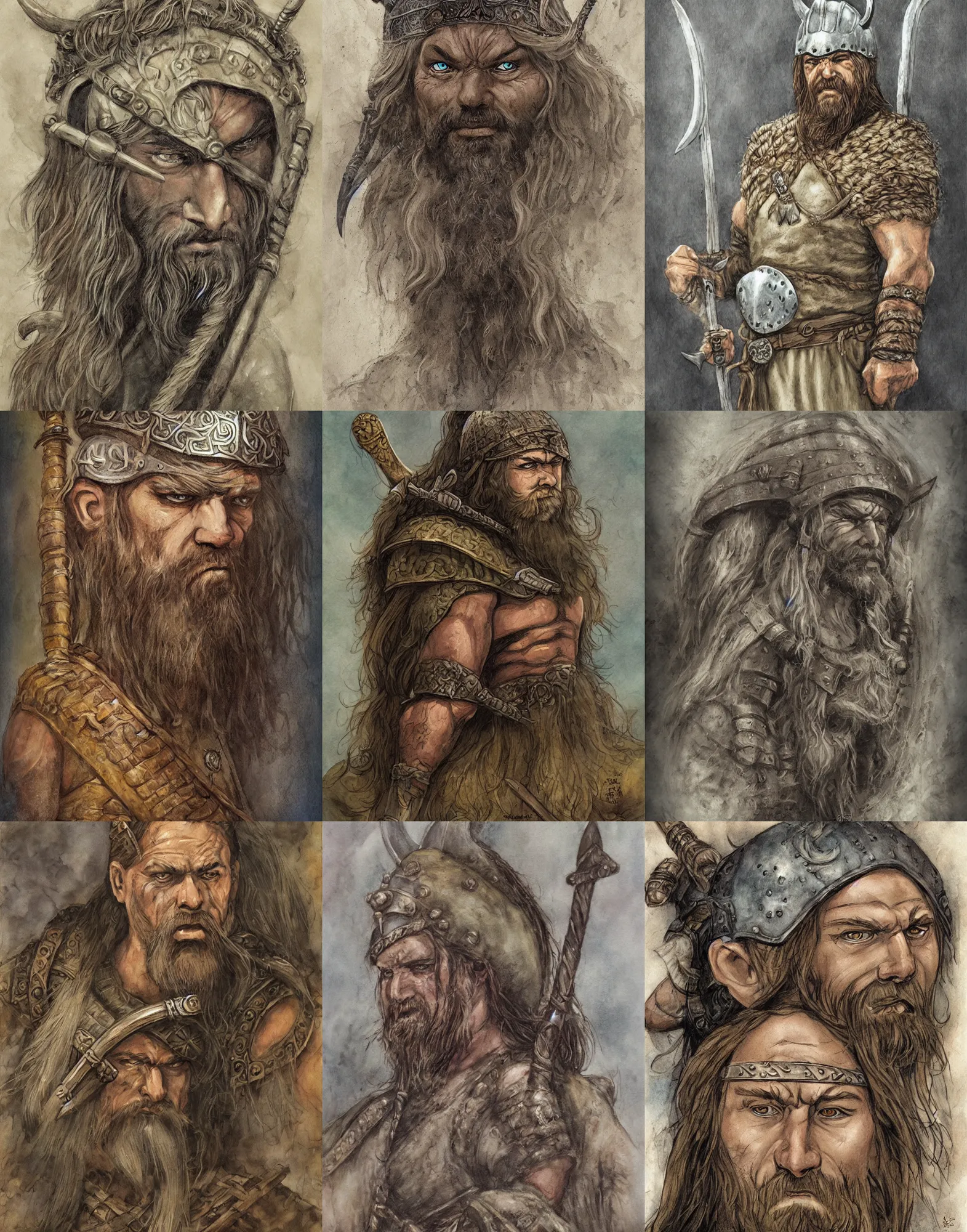 Prompt: strong Viking warrior, character portrait, in the style of Tony Diterlizzi and Brian Froud, painterly