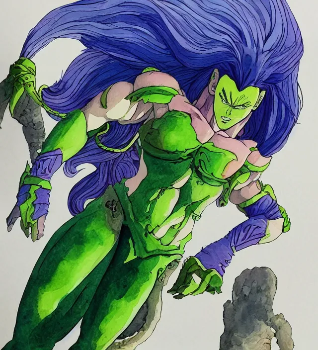 Image similar to a 3 / 4 view watercolor ink painting of daphne isabella blake as broly in the style of jean giraud in the style of moebius trending on artstation deviantart pinterest detailed realistic hd 8 k high resolution