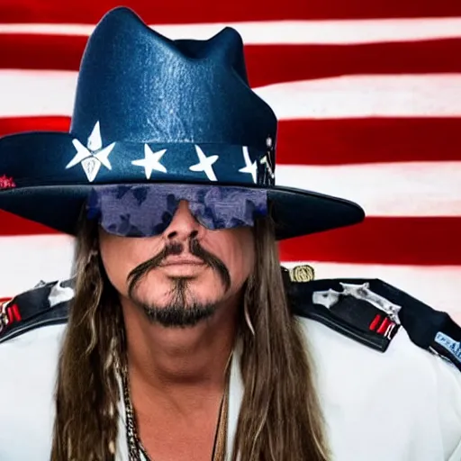 Image similar to kid rock being arrested for disparaging the american flag by wearing it as a dress, highly detailed, photographic, 4 k