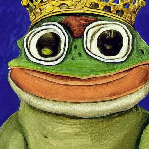 Image similar to pepe the frog as a king of england, painting by Lucien Freud,