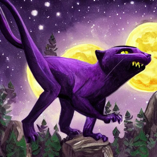 Prompt: closeup of a purple panther roaring at the moon in the forest. night. large moon in the center. cinematic. painting. concept art.