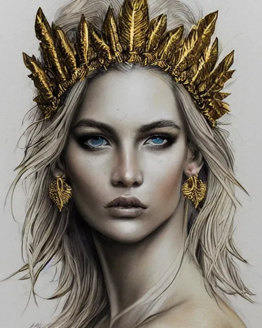 Image similar to tattoo sketch of hot blonde super model as aphrodite greek goddess wearing a gold laurel wreath and triangle earrings, beautiful piercing gaze with sharp pupils, in the style of greg rutkowski, fantasy, amazing detail, epic, elegant, smooth, sharp focus, front view