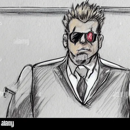 Prompt: courtroom sketch of duke nukem in court, court sketch, duke nukem, courtroom