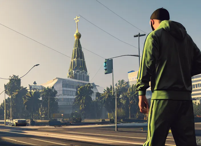 Image similar to cinematic screenshot gta 5, rain, man in adidas tracksuit, churches, buildings, road, moskvich, rtx, volumetric light, 3 d artist, reflections, moscow, soviet apartment buildings, award winning, artstation, intricate details, realistic, hyperdetailed, 8 k resolution