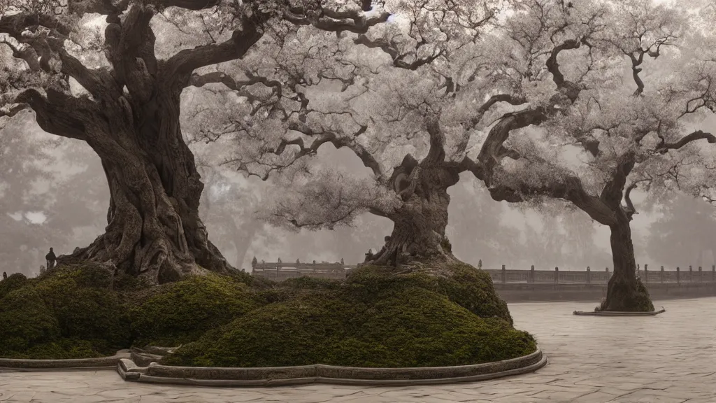 Image similar to the great elven tree growing in the forbidden city, beijing. andreas achenbach, artgerm, mikko lagerstedt, zack snyder, tokujin yoshioka