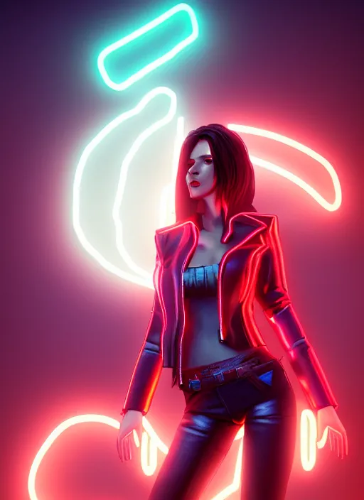 Image similar to pretty young woman with shoulder length shiny shimmering dark red hair and wearing a stuffed leather jacket with the glow of neon lights illuminating her, path traced, highly detailed, high quality, digital painting, by cd projekt red, cyberpunk,