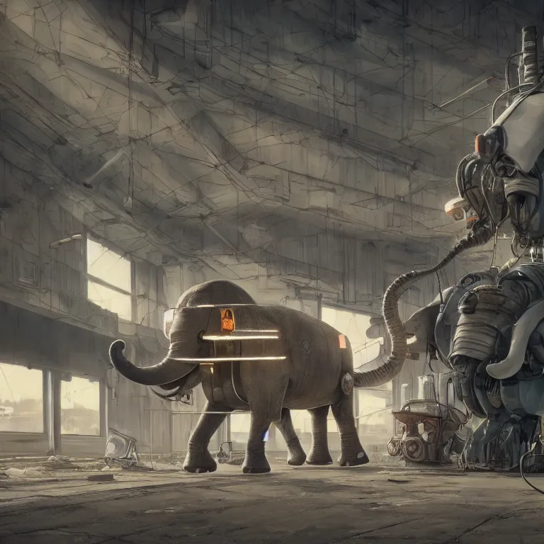 Image similar to a robotic elephant walking through an abandoned gas station in the style of howl's moving castle, 7 0's science fiction comics and enki bilal, cyberpunk, mystical, 8 k, high definition, realism, octane render, cinematic lighting