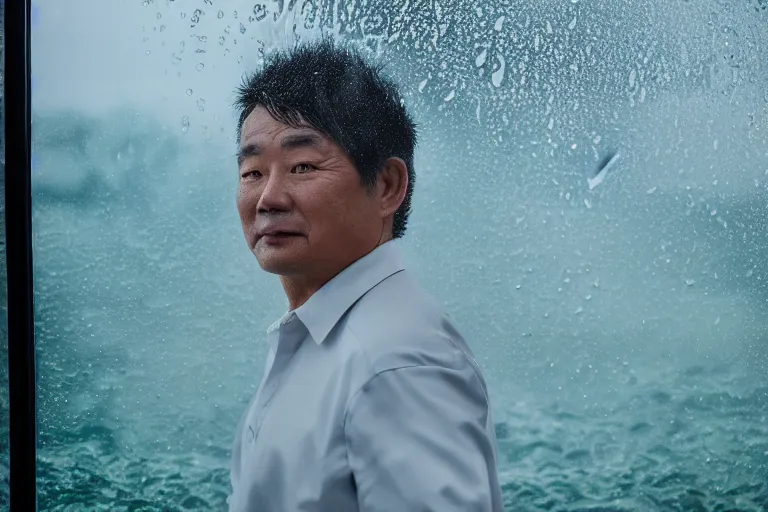 Image similar to a cinematic headshot portrait of a middle aged asian man, through a steamed up window, movie still, ocean background, waves, rain, dramatic lighting, back light, hair light, rim light, 4 k, ultra realistic, by annie leibovitz