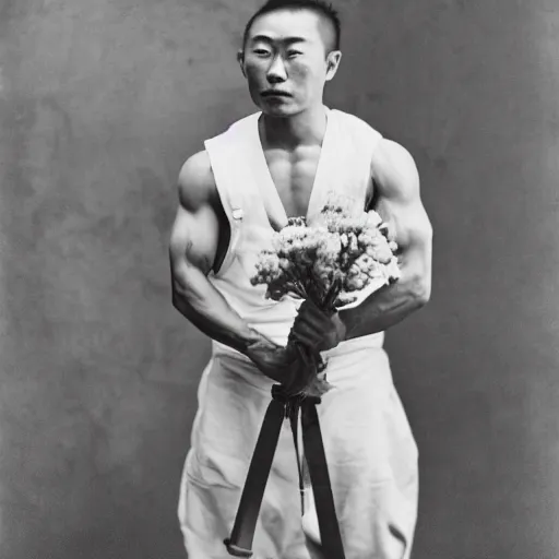 Prompt: muscular japanese man holding a sword in one hand and a bouquet of flowers in the other hand, strong but tender, vivid photography