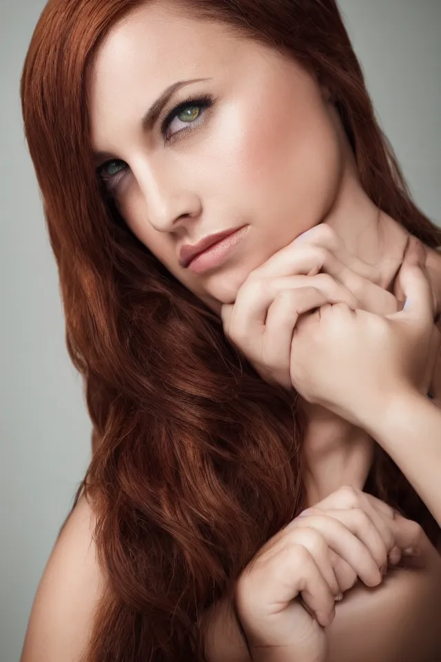 Prompt: beautiful woman with olive skin tone, auburn hair, beautiful green eyes, studio portrait, 8 k