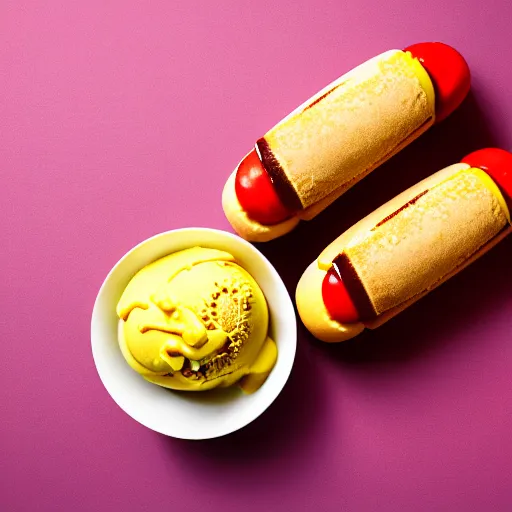 Image similar to commercial photo of a hot dog ice cream, mustard, ketchup,