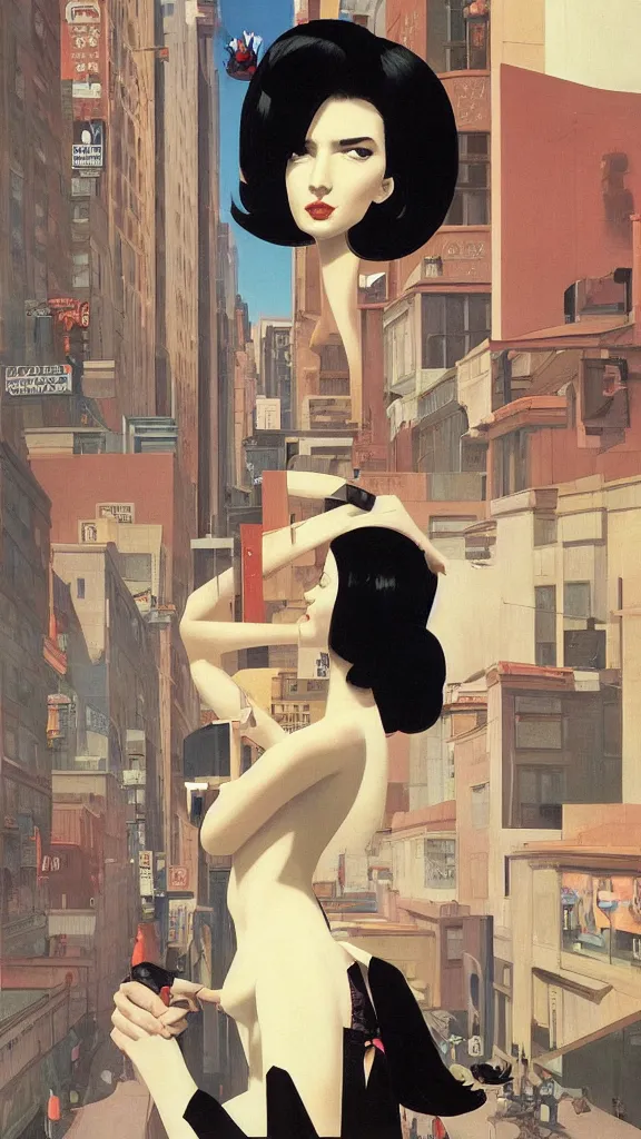 Image similar to a tall and beautiful pale woman with very black hair with a crown on her head walk in the streets of new york circa 1 9 8 4 edward hopper and james gilleard, surreal, open ceiling, highly detailed, airbrush, ilya kuvshinov, wlop, stanley artgerm, very coherent, art by takato yamamoto and james jean