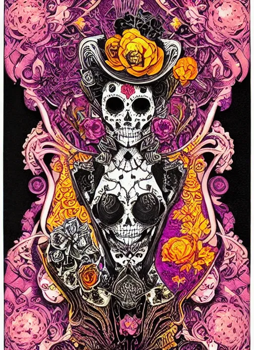 Image similar to La Catrina + black paper + elements + red + purple + gold + neon + baroque + rococo + white + orange+ ink + playing card with ornate border + marc Simonetti, paul pope, peter mohrbacher, Alfonse Mucha detailed, intricate ink illustration