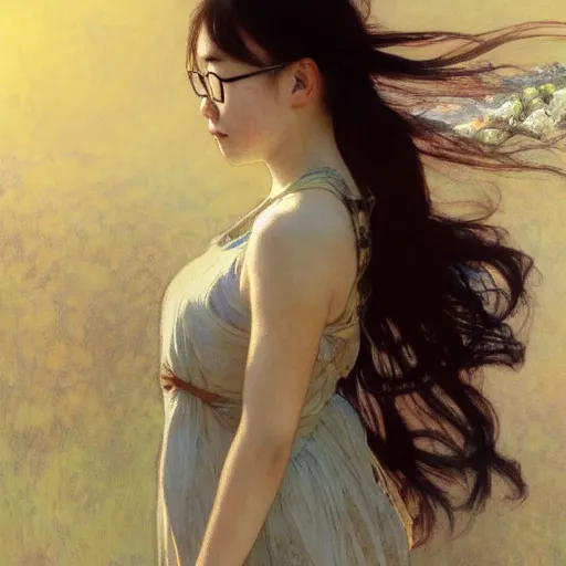 Prompt: full body portrait of a beautiful young asian girl glasses, freckles, summer dress, fully clothed!, worksafe!!!, jeremy mann and alphonse mucha, photo realistic, dynamic lighting, windy, artstation, poster, dreamy, volumetric lighting, ethereal, 4 k, high detail