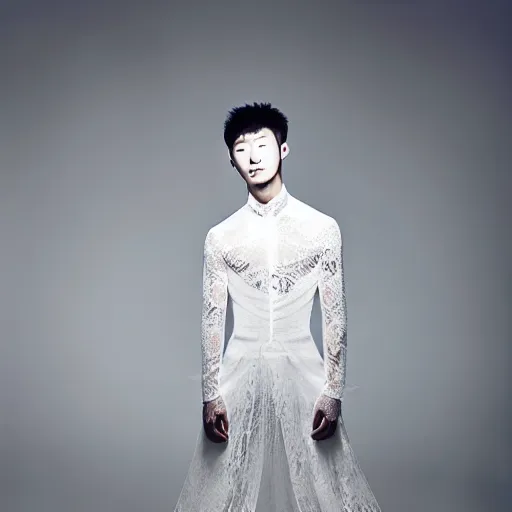 Image similar to a beautiful young korean male wearing a translucid lace wedding gown designed by alexander mcqueen, photographed by andrew thomas huang for a fashion editorial