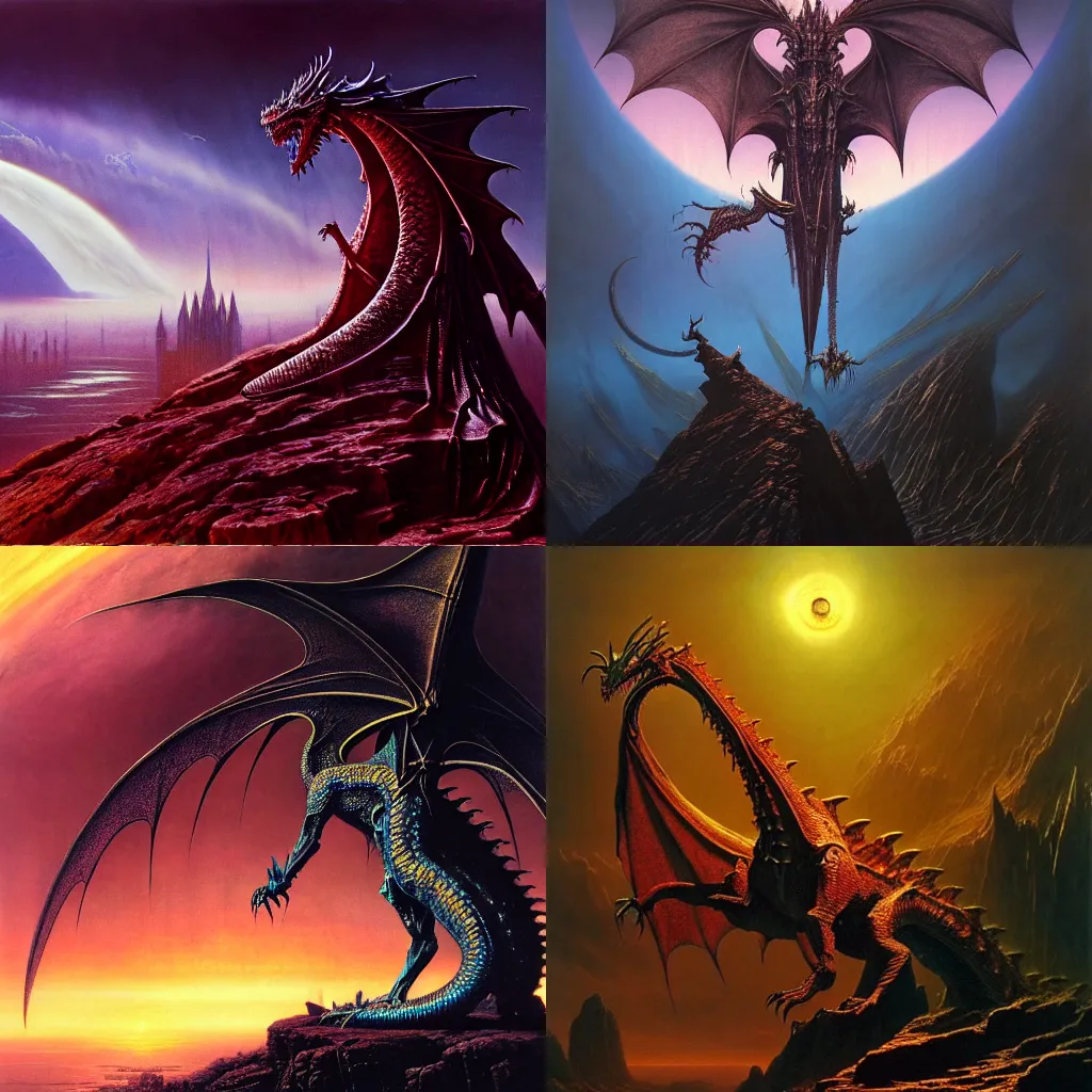 Prompt: A majestic gothic dragon, by Wayne Barlowe, by HR Giger, by Bruce Pennington, by Paul Lehr, masterpiece, oil on canvas, trending on artstation, top on pixiv, cinematic composition, dramatic scene, beautiful lighting, sharp, high details, astrophotography, no frames, 8K