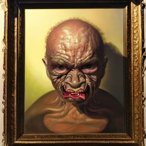 Image similar to oil painting by christian rex van minnen of a portrait of an extremely bizarre disturbing mutated man with proteus syndrome shiny bulbous intense chiaroscuro lighting perfect composition