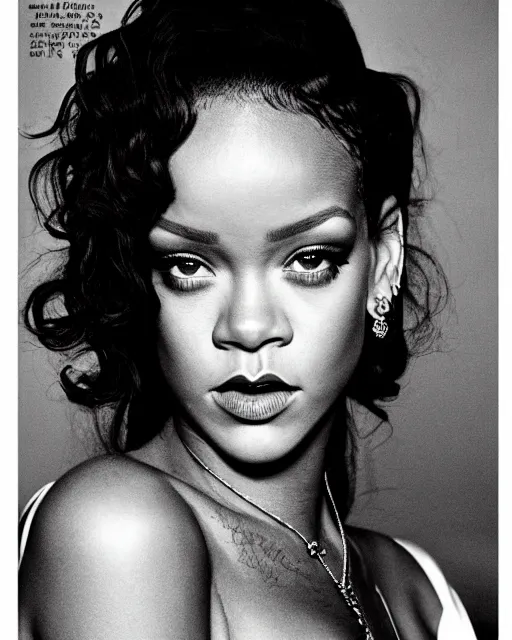 Prompt: a beautiful professional photograph of rihanna as beautiful by herb ritts, arthur elgort and ellen von unwerth for vogue magazine, unusually attractive, fashion model looking at the camera in a flirtatious way, zeiss 8 0 mm f 2. 8 lens