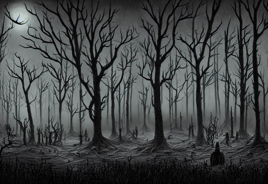 Prompt: folk horror illustration of the unknown nightmare place with the dead pines, horrifying nightmare forest at night, under a dead moon, 8k resolution artwork, horror art, eerie, creepy, trending on artstation, painting, elaborate excellent painted illustration, smooth, sharp focus