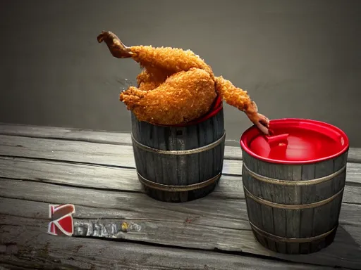 Image similar to 3 blind mice eating kentucky fried chicken legs in a barrel, high detail, character, 3D, dark dull colors, photo realistic, octane, unreal engine