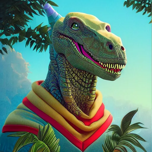 Image similar to Lofi vaporwave portrait dinosaur, Pixar style, Tristan Eaton, Stanley Artgerm, Tom Bagshaw