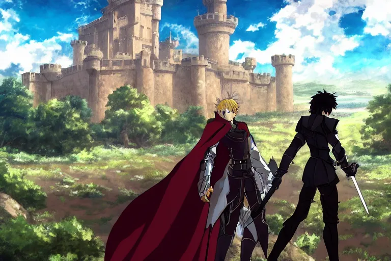 Prompt: A confident male knight standing in front of a giant fantasy castle in the style of Fate/Zero by Ufotable, full colour, zoomed out, low perspective, anime style