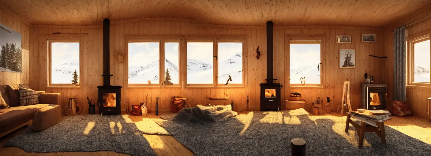 Prompt: The living room of a cozy small modern Norwegian cabin in midwinter with a warm wood stove, warm light, snow outside the windows, low ceiling, digital art, extremely detailed, in the style of Wes Anderson and Miyazaki, beautiful, 4k, trending on Artstation