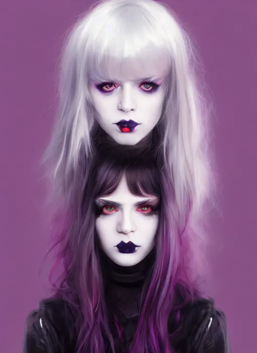 Image similar to portrait of white teenage girl, normal face, white bangs, mall goth, cyberlox, black and white hair, bangs, fluffy bangs, red contact lenses, purple lipstick, intricate, elegant, highly detailed, digital painting, artstation, concept art, sharp focus, smooth, illustration, art by wlop, mars ravelo and greg rutkowski