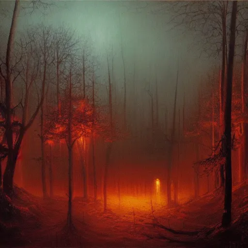 Image similar to a highly detailed oil painting of a bruning old town in a dark mystical forest, beksinski, moody, atmospheric, volumetric light, 4 k