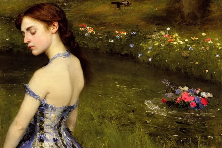 Prompt: a virtuosic portrait of a beautiful young girl, floating on her back in the dark waters of a river surrounded by high green grass and a lot of fine flowers, drowned, with closed eyes, wearing a nicely crafted antique dress, by sir john everett millais, realistic, hyperdetailed, ethereal, sad, masterpiece, oil painting