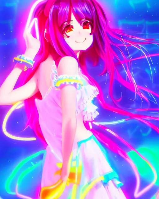 Image similar to anime style, vivid, expressive, full body, 4 k, painting, a cute magical girl idol with a long wavy colorful hair wearing a colorful dress, correct proportions, stunning, realistic light and shadow effects, neon lights, studio ghibly makoto shinkai yuji yamaguchi