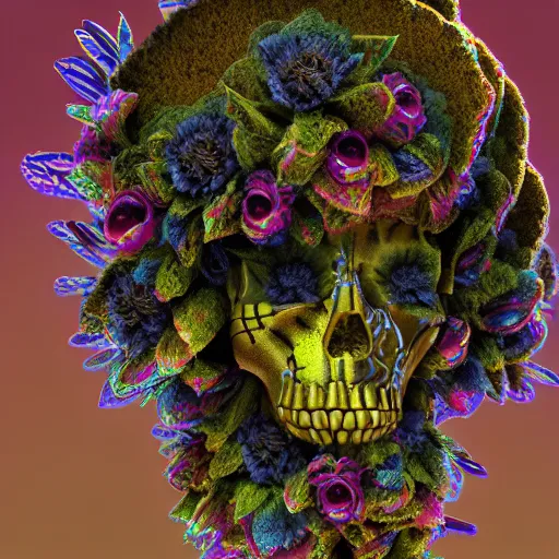 Image similar to a golden skull face african marijuanna shaman with an afro made of flowers, third eye art art by machina infinitum, complexity from simplicity, rendered in octane, mandelbulb 3 d, ambient occlusion, macro photography, felt!!! texture, tribal, neon retrowave, felt volumetric lighting