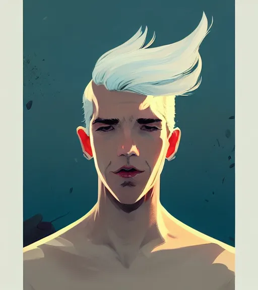 Image similar to portrait of a young man, raised on the island, white hair, face tatooes by atey ghailan, by greg rutkowski, by greg tocchini, by james gilleard, by joe fenton, by kaethe butcher, dynamic lighting, gradient light blue, brown, blonde cream and white color scheme, grunge aesthetic