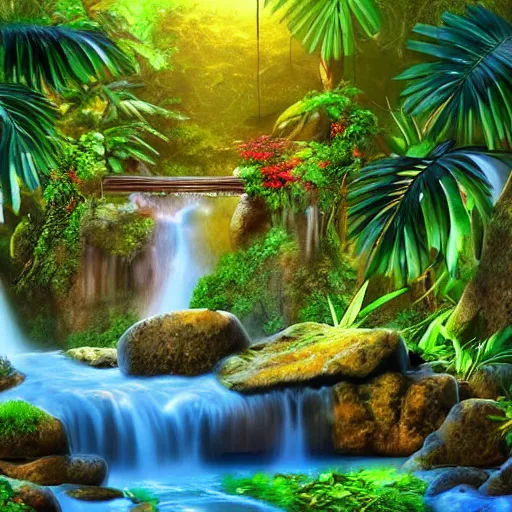 Image similar to beautiful jungle landscape with waterfalls, stones, rocks, plants, flowers, sun rays, warm, sunny, realistic digital art