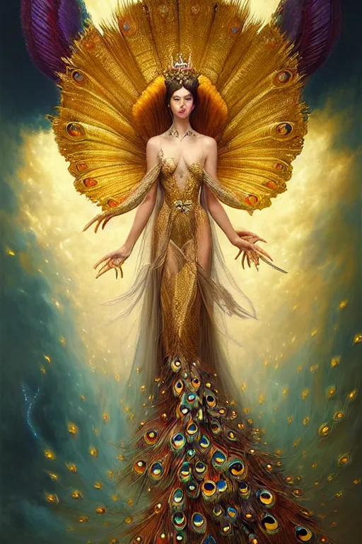 Prompt: ultradetailed portrait of an empress of celestial beauty! with wings, a grand golden throne, beautiful flowers and butterflies, crown made of peacock feathers by greg rutkowski, karol bak and peter mohrbacher, volumetric lighting, magical realism, celestial, goddess.