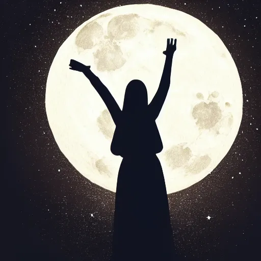 Prompt: silhouette of Maiden with arms raised up praising the night sky, full moon, viewed as a silhouette, Artstation -6