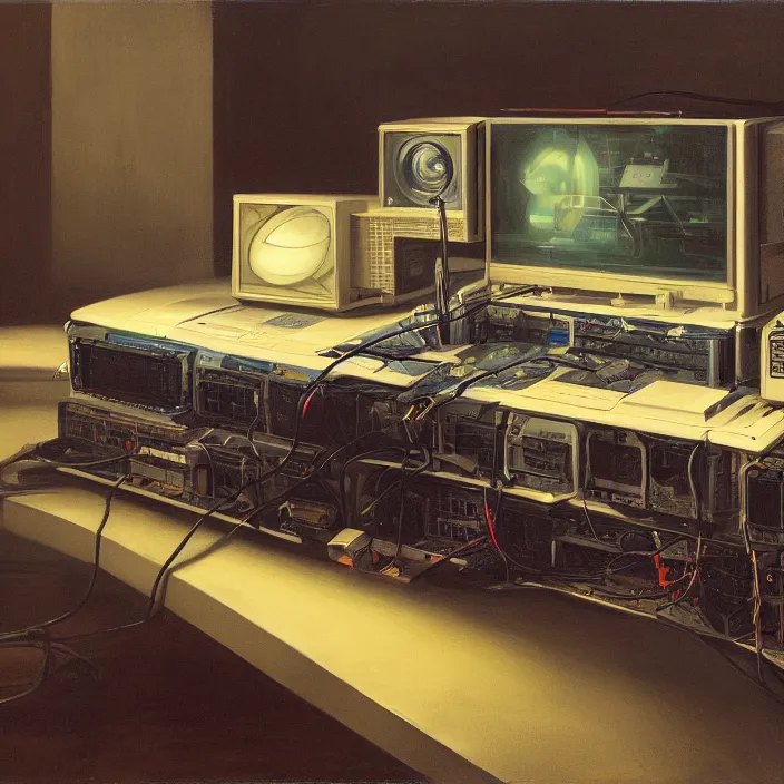 Prompt: still life painting of a retro electronics supercomputer workstation by pieter claesz, oil on canvas, blade runner vibes, syd mead concept art, strong lighting, highly detailed, hyper realism, golden hour, god rays, hd, 4 k