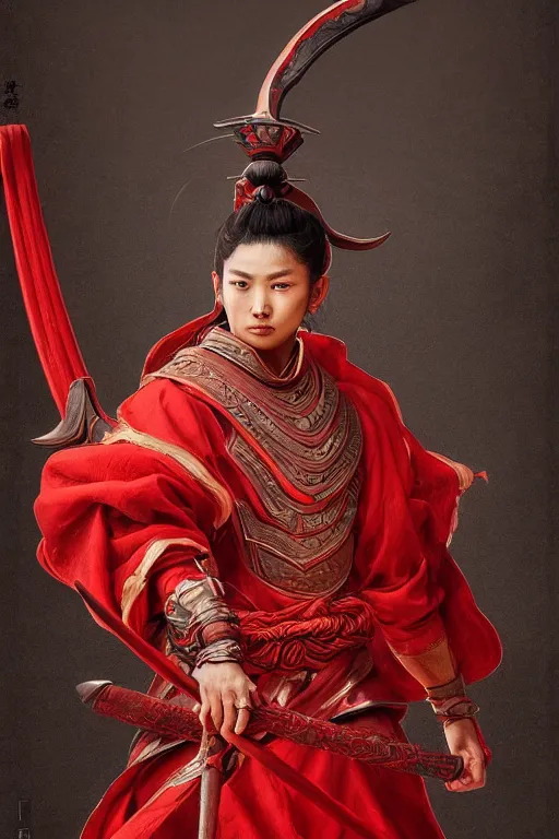 Image similar to a masterpiece portrait of nezha, red cloth around his shoulders, hold spear, cinematic, fantasy character portrait, highly detailed, by ne zha ( 2 0 1 9 ), fenghua zhong,