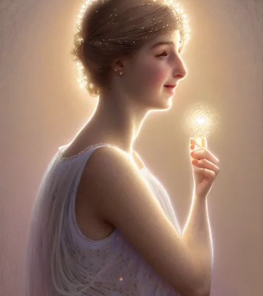 Image similar to portrait of teenage aphrodite, light freckles, dirty blonde hair, smiling kindly, wearing an embroidered white linen dress, lace neckline, intricate, elegant, mother of pearl jewelry, glowing lights, highly detailed, digital painting, artstation, concept art, smooth, sharp focus, illustration, art by wlop, mucha, artgerm, and greg rutkowski