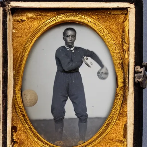 Prompt: Daguerreotype of a kapre playing basketball