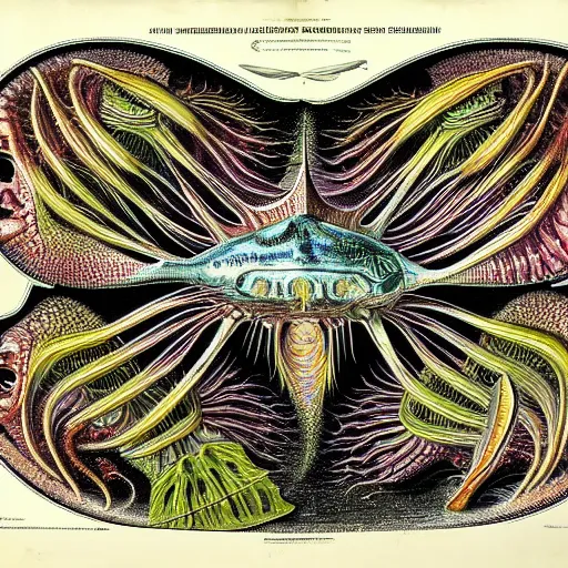 Image similar to alien fish anatomy by ernst haeckel, masterpiece, vivid, very detailed