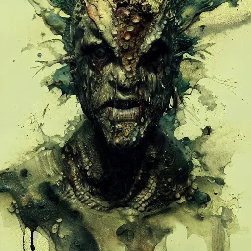 Image similar to mutant fishman with gills and scales from the ocean by emil melmoth zdzislaw beksinki craig mullins yoji shinkawa realistic render ominous detailed photo atmospheric by jeremy mann francis bacon and agnes cecile ink drips paint smears digital glitches glitchart