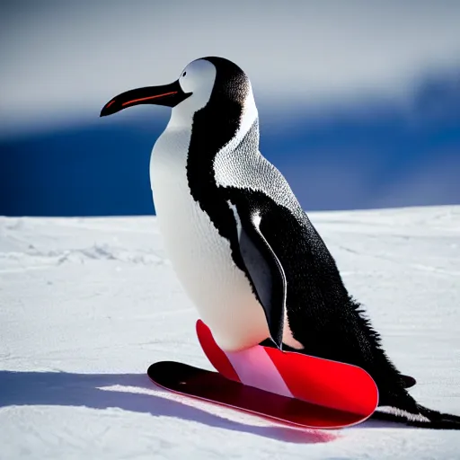 Prompt: ultrawide angle photograph of a snowboarding penguin, extremely detailed, the penguin has ruffled feathers, the snowboard he is standing on is bright red and carved, the snowboard has a tribal print, 8 k