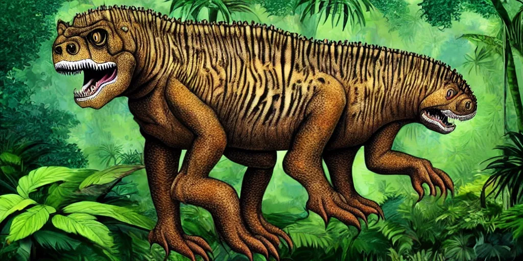 Image similar to tyrannosaurus rex cat hybrid, jungle background