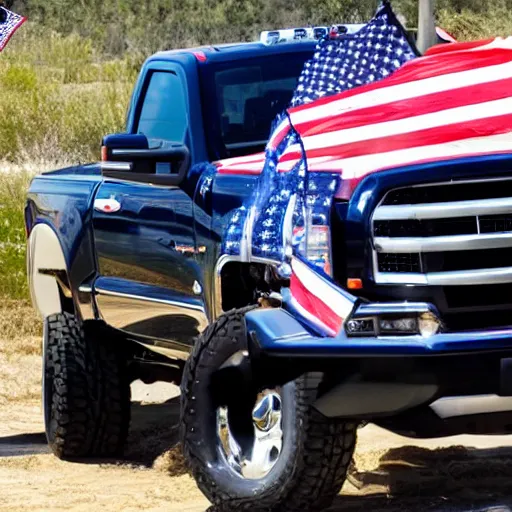 Prompt: photo of biden pickup truck with american flags, there are very attractive woman in the back of the truck by the tailgate in bikinis.